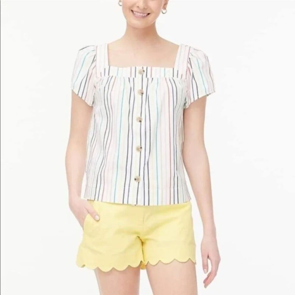 J. Crew Rainbow Striped Button Front Cotton Poplin Square Neck Top